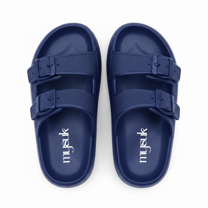Blue sandals with mysuk logo matching reference