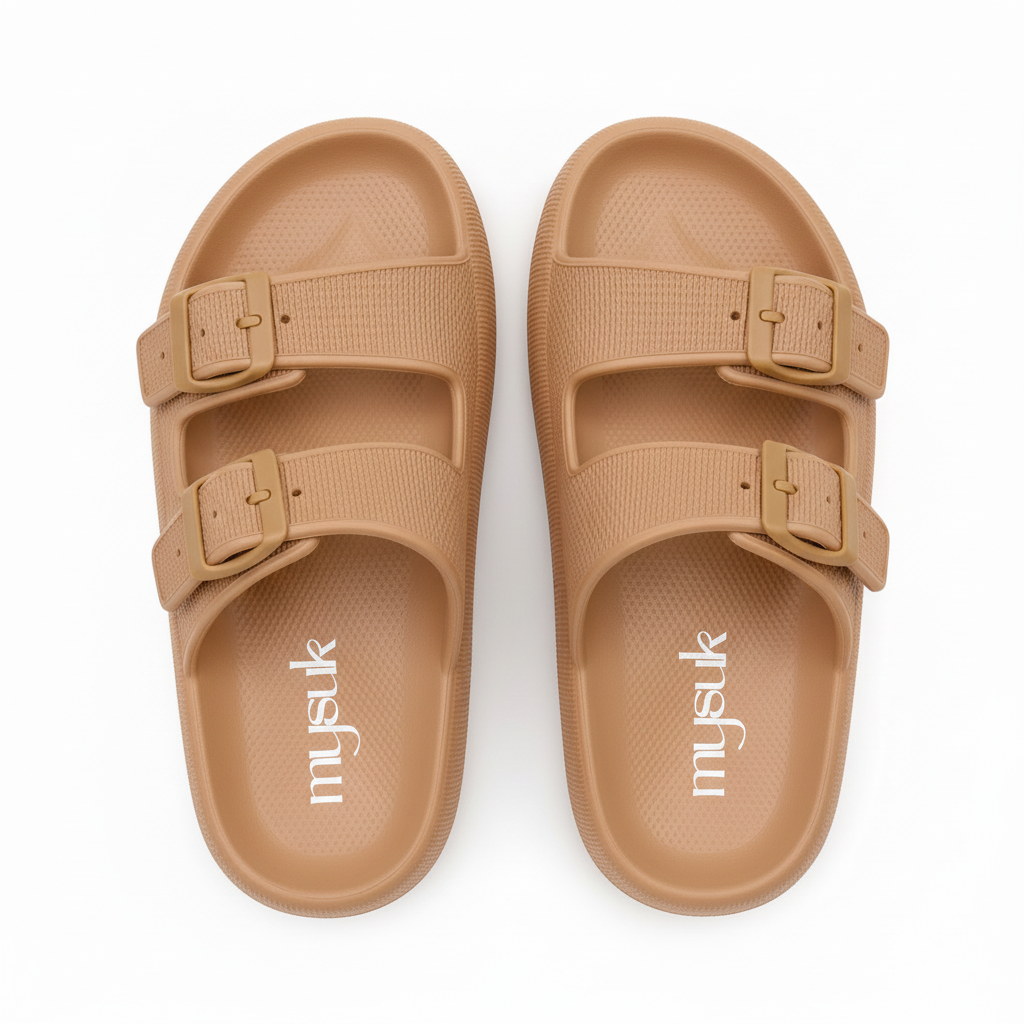 Brown sandals with vertical mysuk logo