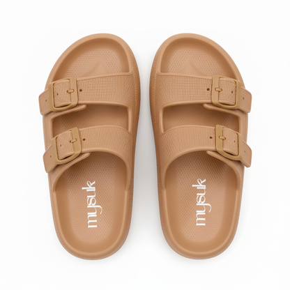 Brown sandals with vertical mysuk logo