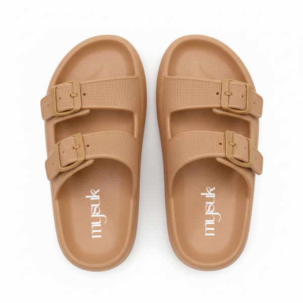 Brown sandals with vertical mysuk logo