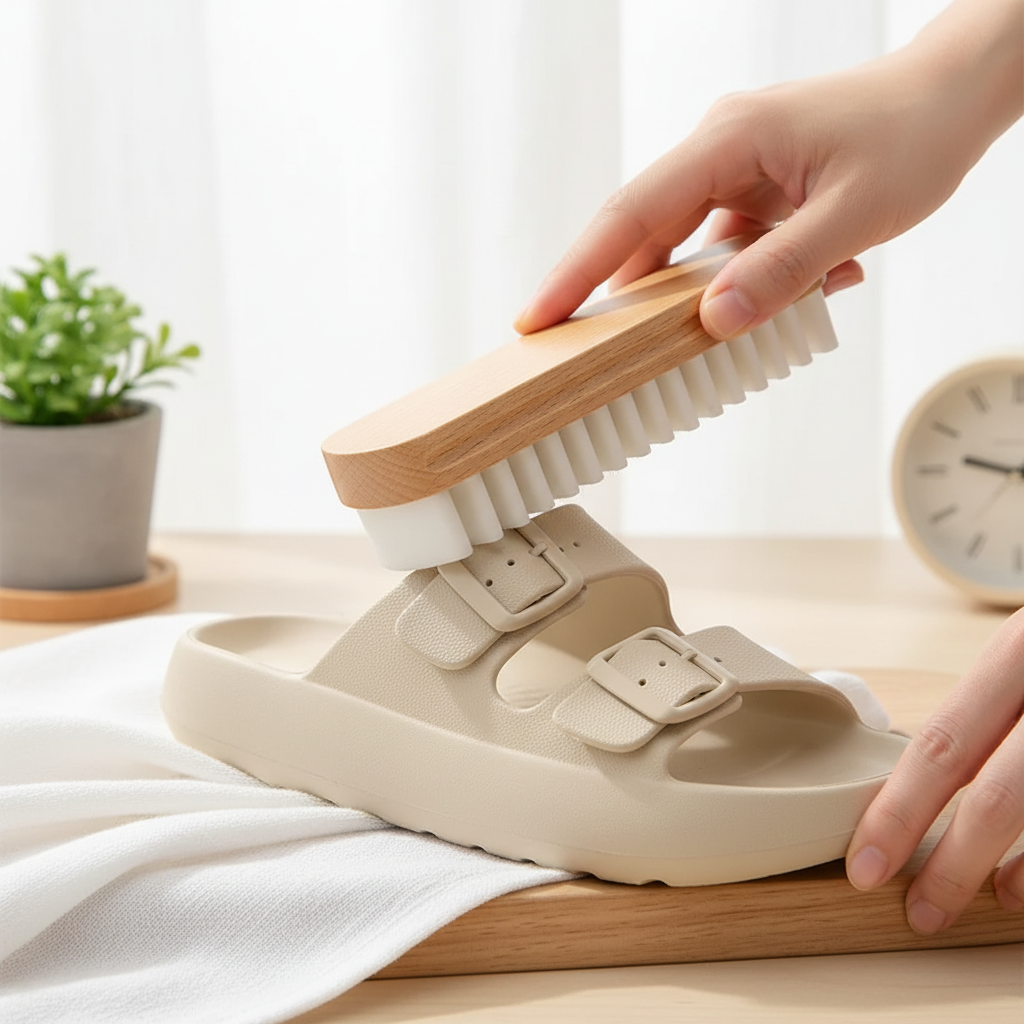 Cleaning brush being used on sandal