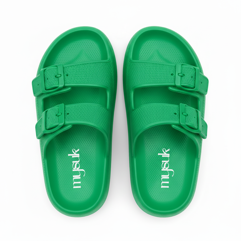 Green sandals with vertical mysuk logo