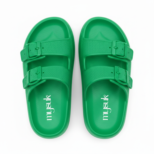 Green sandals with vertical mysuk logo