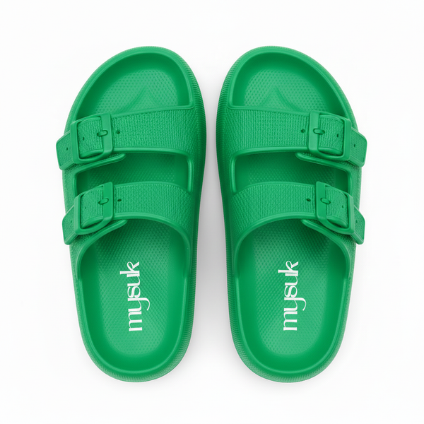 Green sandals with vertical mysuk logo