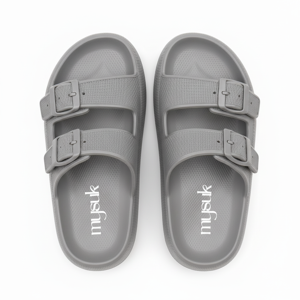 Grey sandals with vertical mysuk logo
