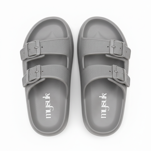 Grey sandals with vertical mysuk logo