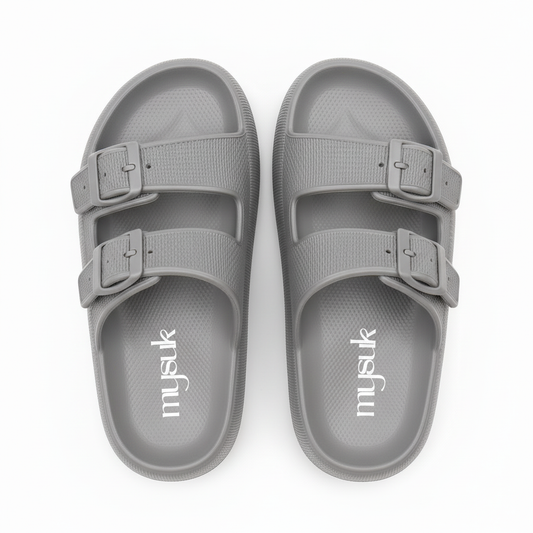 Grey sandals with vertical mysuk logo