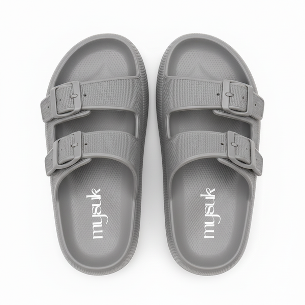 Grey sandals with vertical mysuk logo