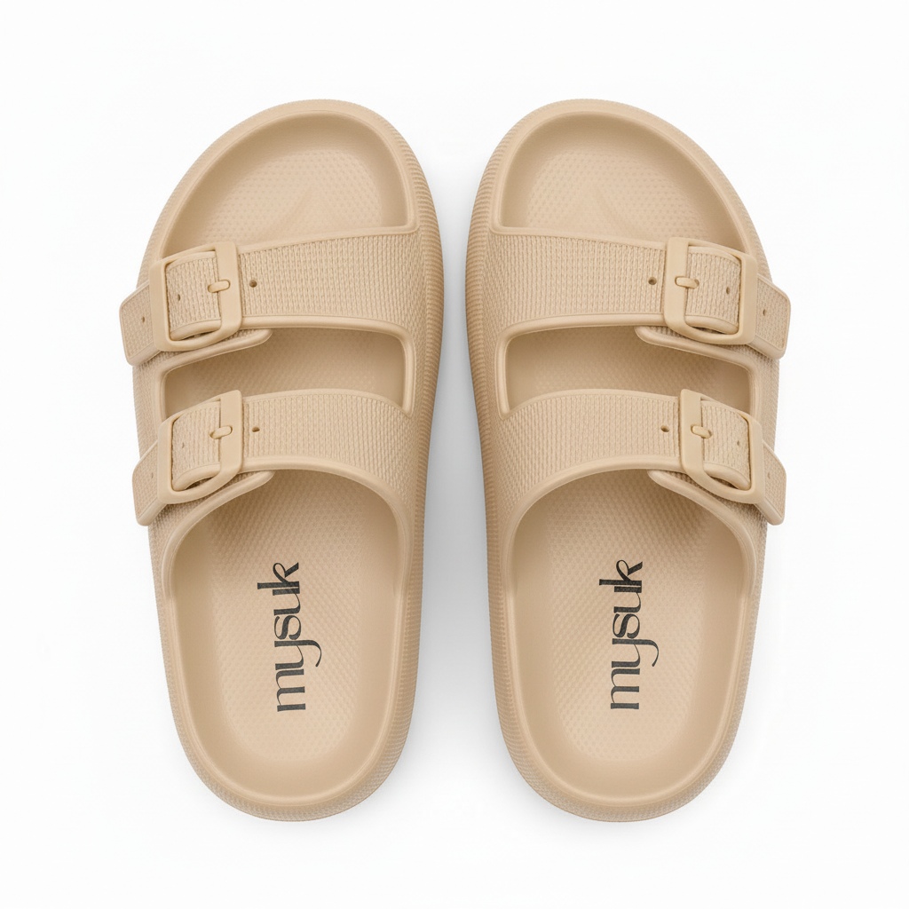 Khaki sandals with vertical mysuk logo