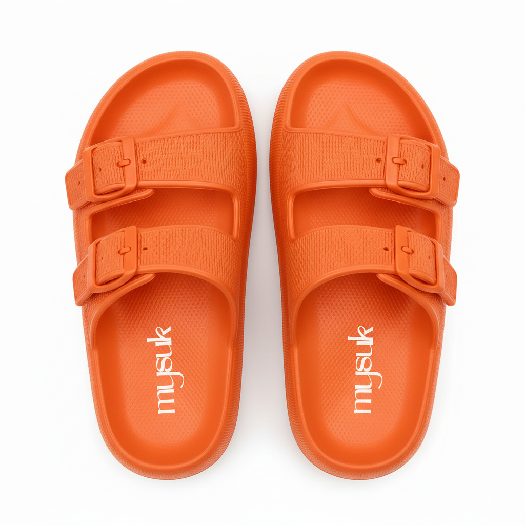 Orange sandals with vertical mysuk logo - top view