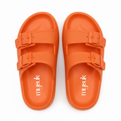 Orange sandals with vertical mysuk logo - top view