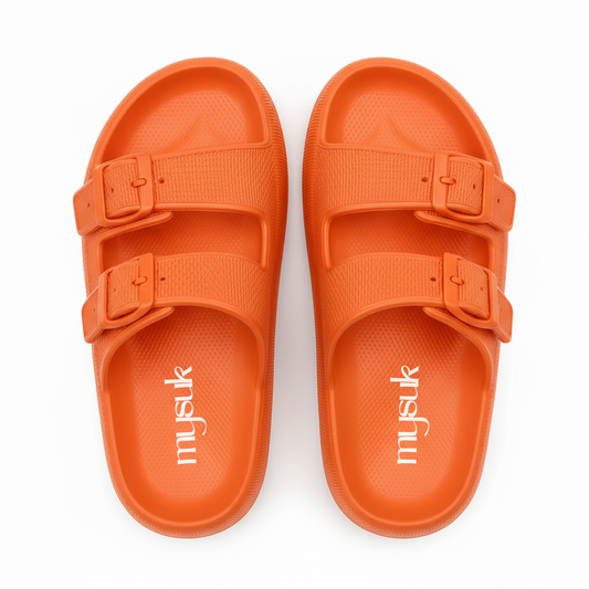 Orange sandals with vertical mysuk logo - top view