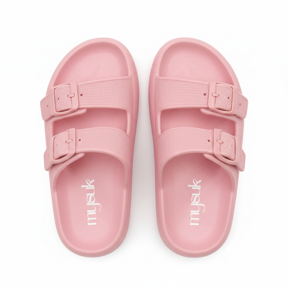 Pink sandals with vertical mysuk logo