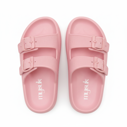 Pink sandals with vertical mysuk logo