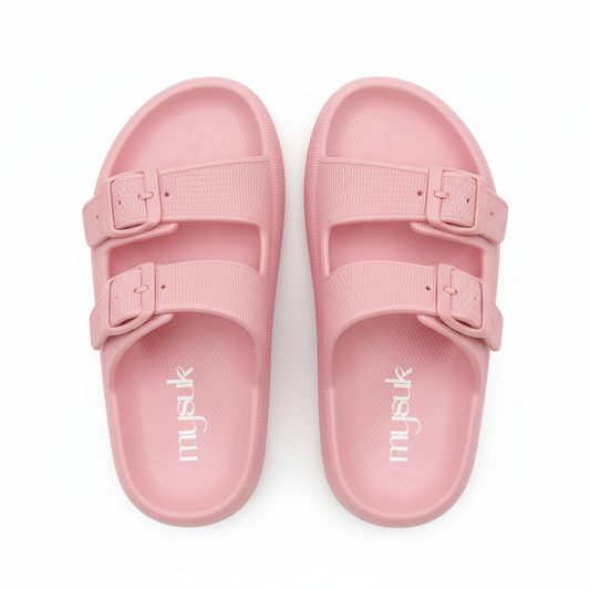 Pink sandals with vertical mysuk logo