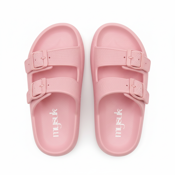 Pink sandals with vertical mysuk logo
