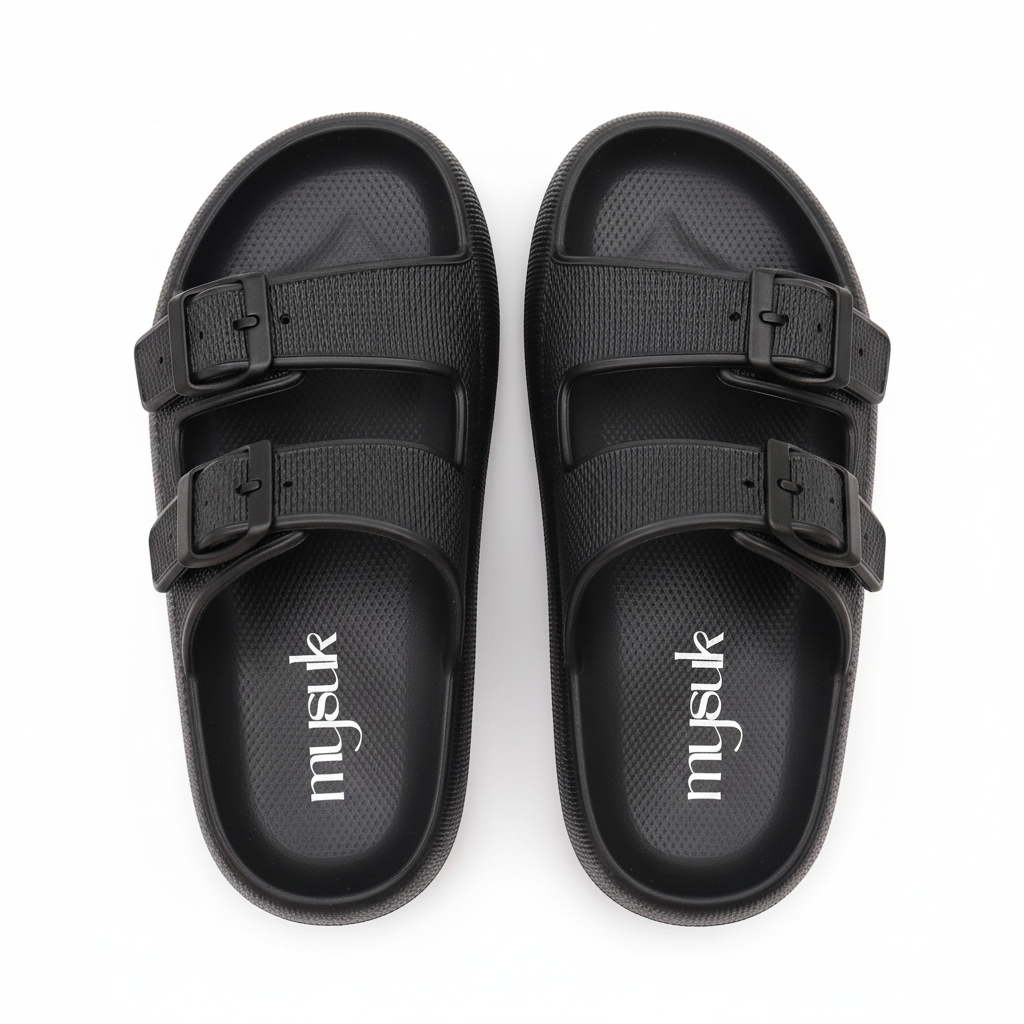 Sandals with vertical mysuk logo on footbed