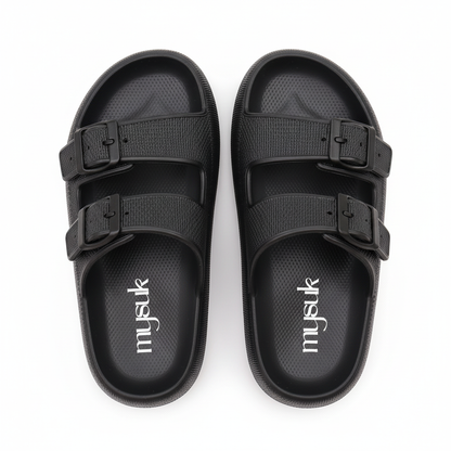 Sandals with vertical mysuk logo on footbed
