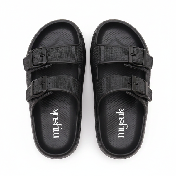 Sandals with vertical mysuk logo on footbed