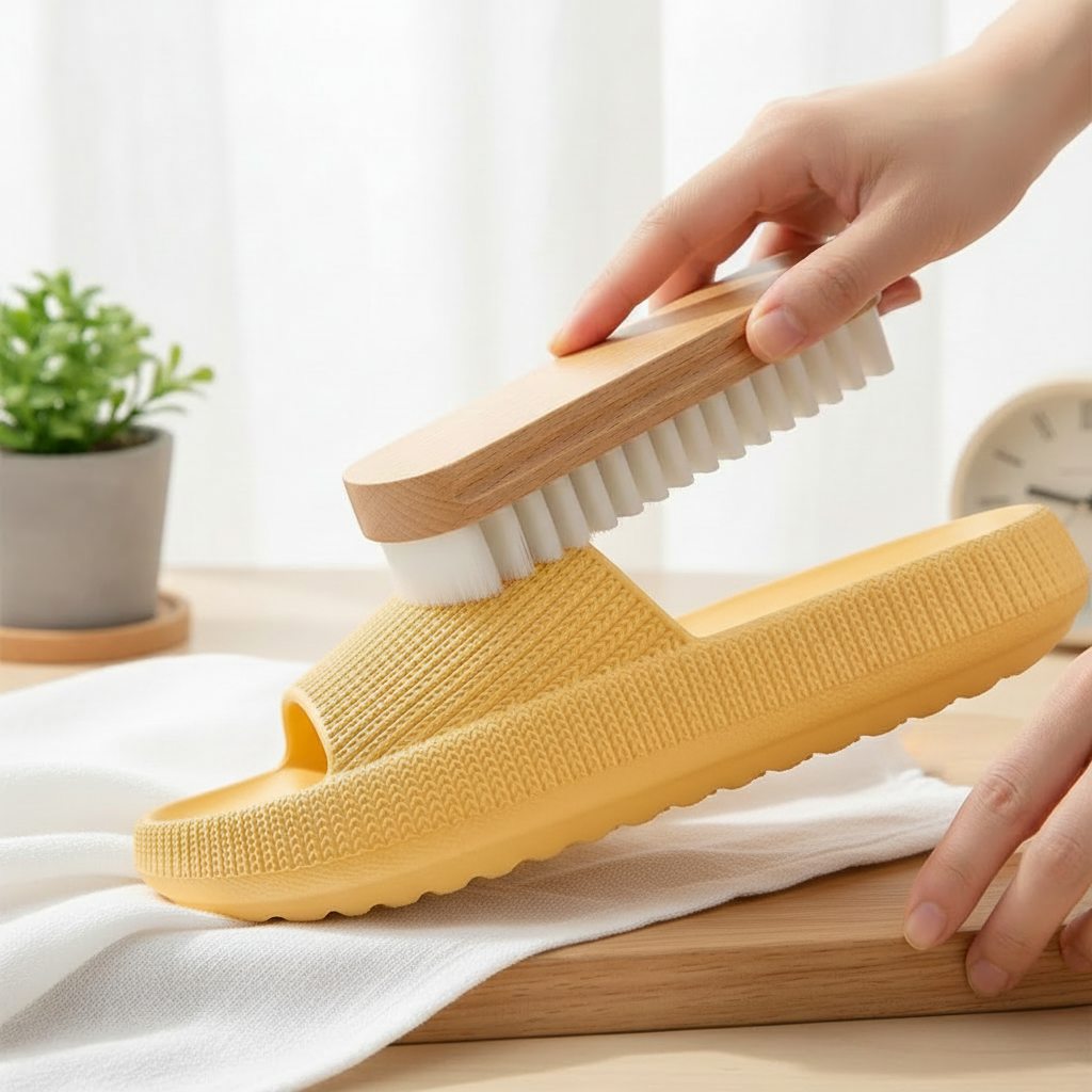 Yellow sandal being cleaned with brush